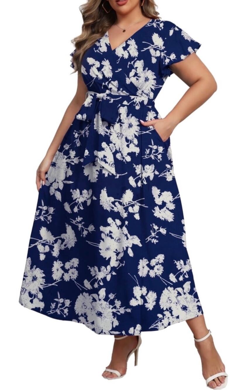 NWT ~ Women's Blue & White Plus Size Floral Butterfly Sleeve Maxi Dress ~ 1X